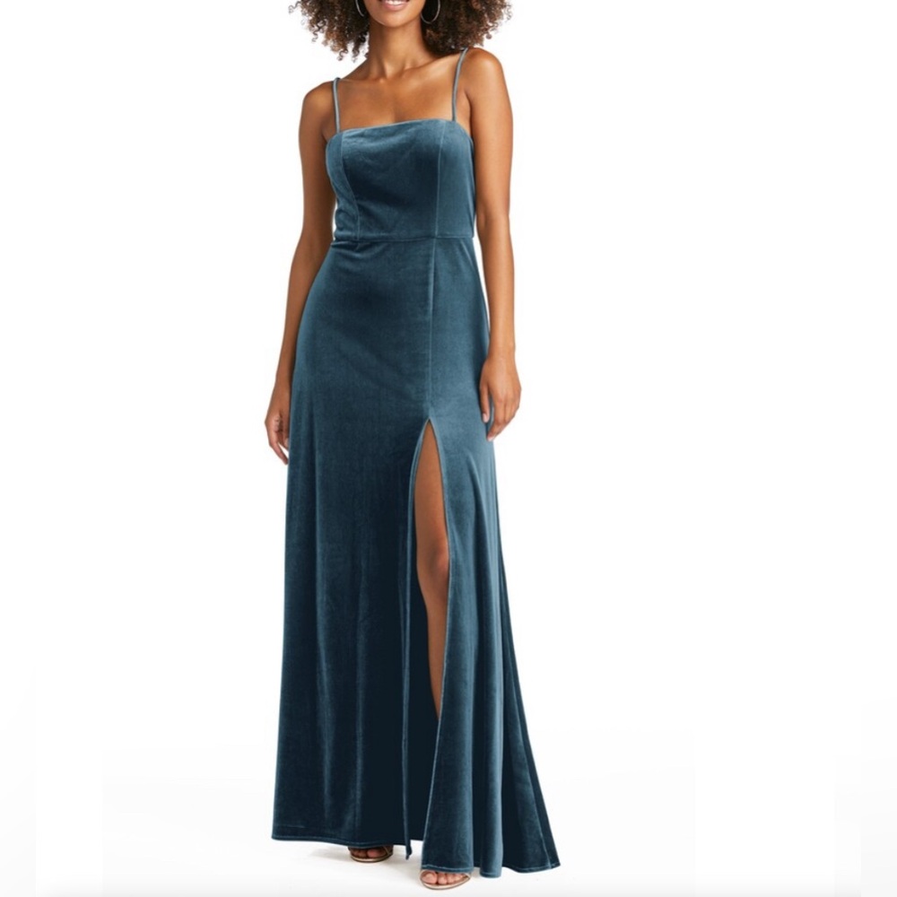 Velvet A-Line Gown with Font Slit - LOVELY - Dutch Blue - SZ 14